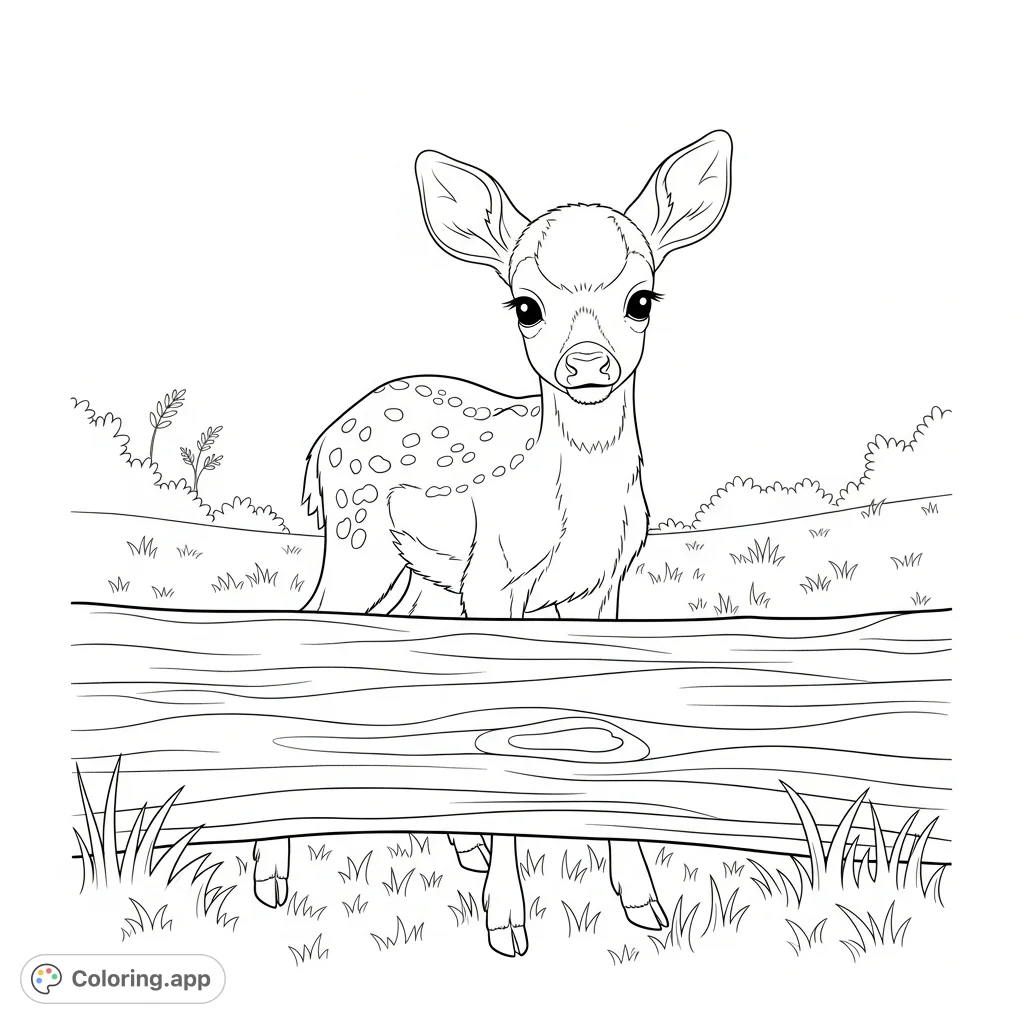 A charming coloring page featuring a baby deer with gentle eyes, standing by a textured fallen log on a grassy forest floor. Perfect for nature lovers.
