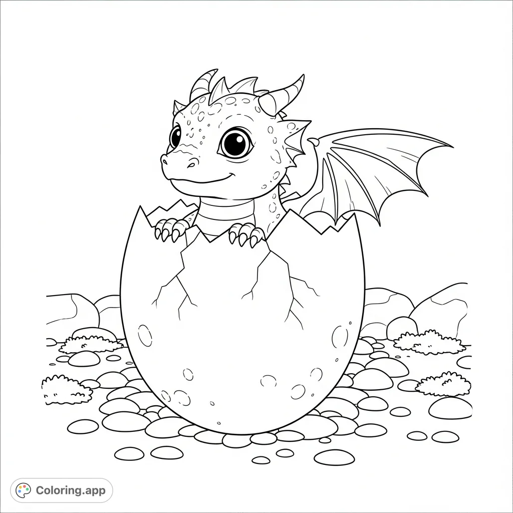 Capture the magical moment of a baby dragon emerging from its shell, revealing tiny scales and curious eyes. A wondrous scene of new life and fantasy.