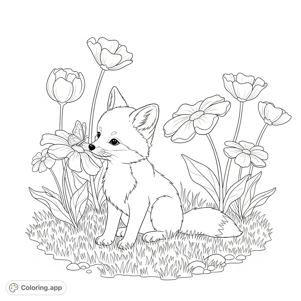 A charming coloring page featuring a curious baby fox delicately sniffing a butterfly perched on a simplified flower, set in a tranquil meadow.