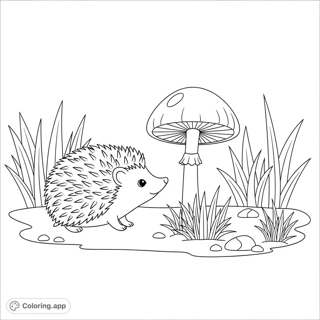 A charming coloring page featuring a baby hedgehog with simplified quills, gently sniffing a tall mushroom amidst grass and pebbles. Perfect for relaxation.