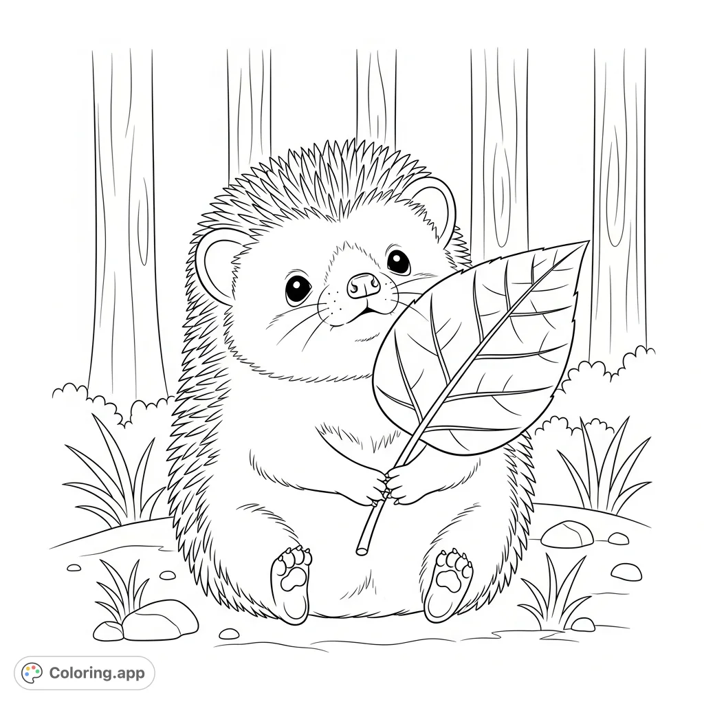 A charming baby hedgehog holds a tiny leaf, set against a simple forest backdrop. Perfect for an adorable, calming coloring experience for all ages.