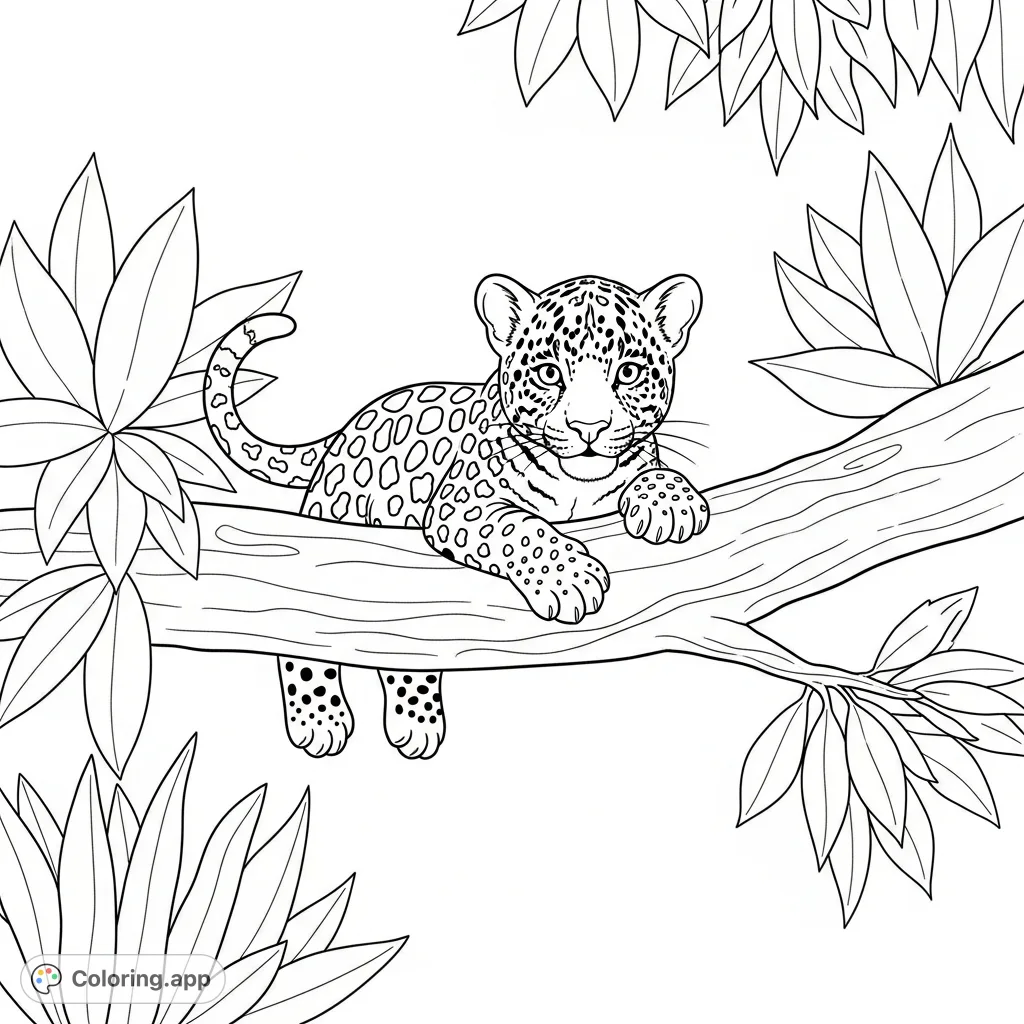 A delightful coloring page featuring a cute baby jaguar climbing a tree branch amidst simplified jungle foliage. Perfect for young animal lovers.