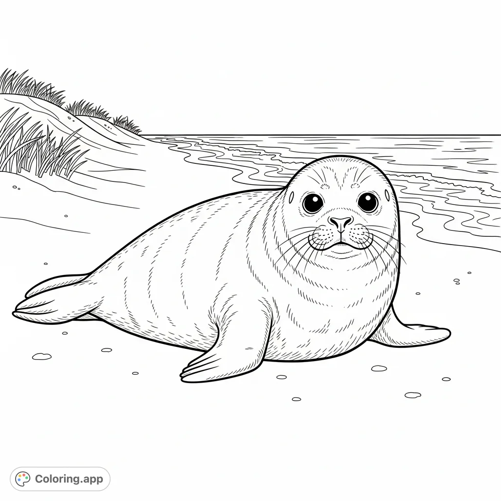 A charming baby seal lounges peacefully on a vast sandy beach, its round eyes and soft fur inviting gentle coloring. Ocean waves kiss the distant shore.