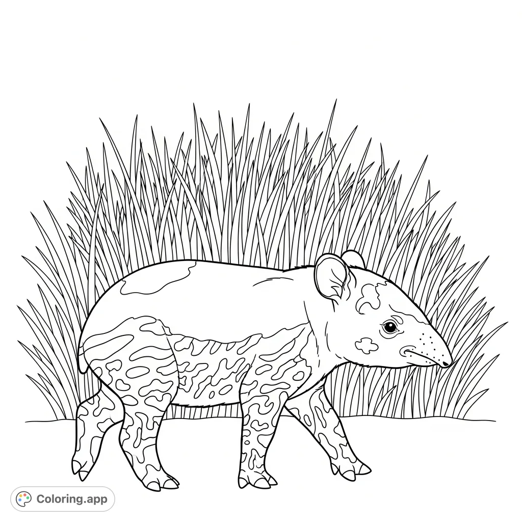 Color a cute baby tapir exploring a field of tall grass. Simplified patterns offer a delightful coloring experience for all ages in this charming nature scene.