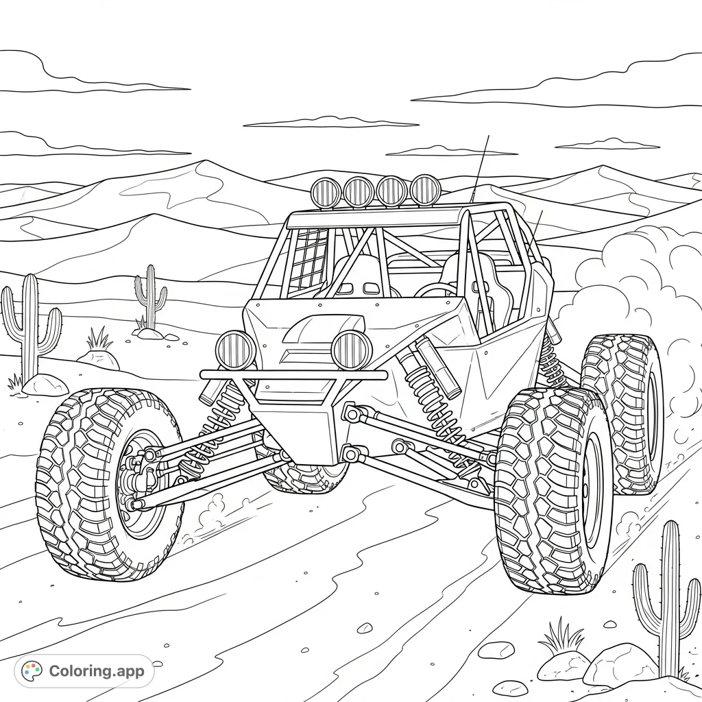A detailed coloring page featuring a rugged Baja racing buggy with exposed suspension, tearing through a vast desert landscape with dunes and cacti.
