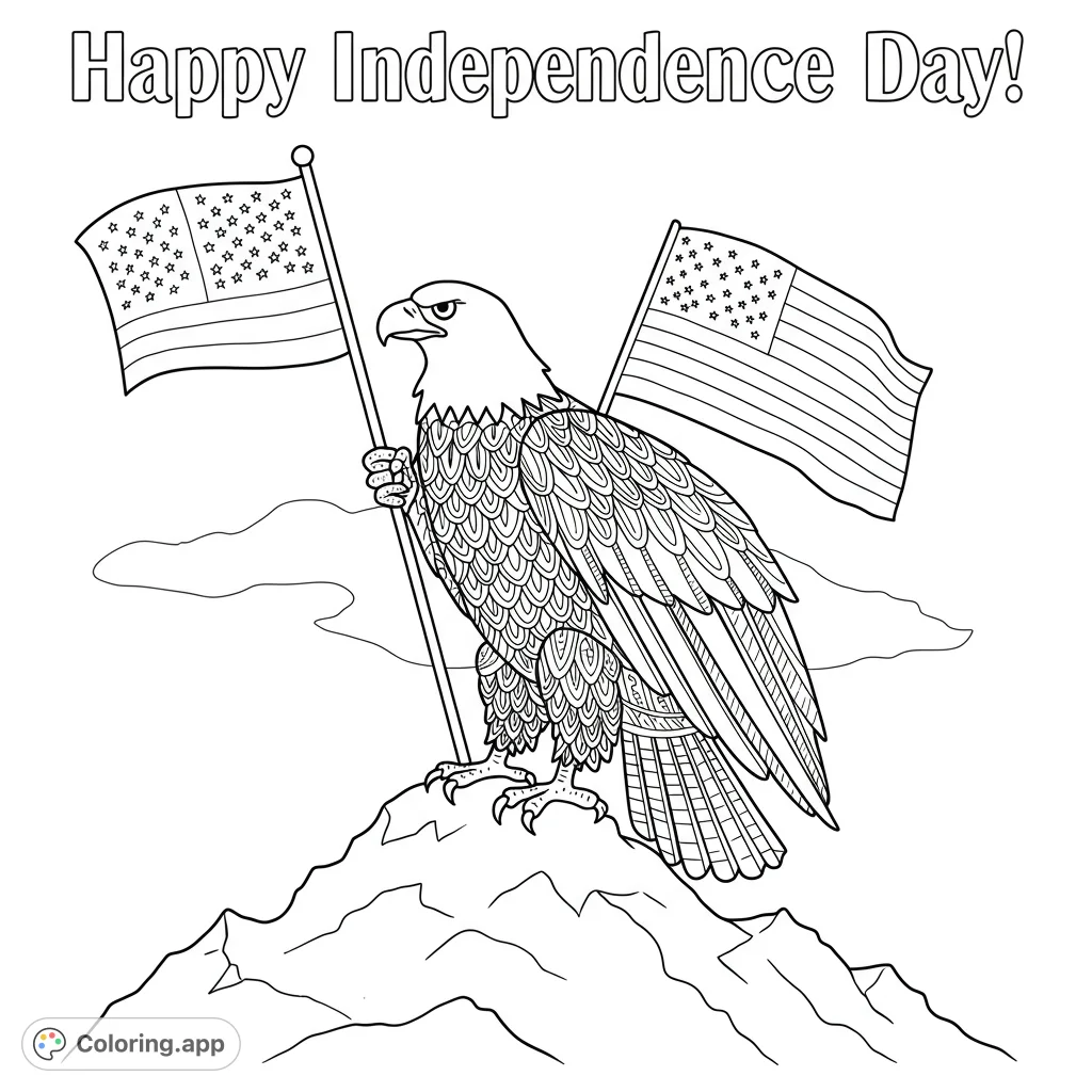 A majestic bald eagle proudly stands on a mountain peak, clutching an American flag, with another flag waving behind it. A patriotic symbol ready for color!
