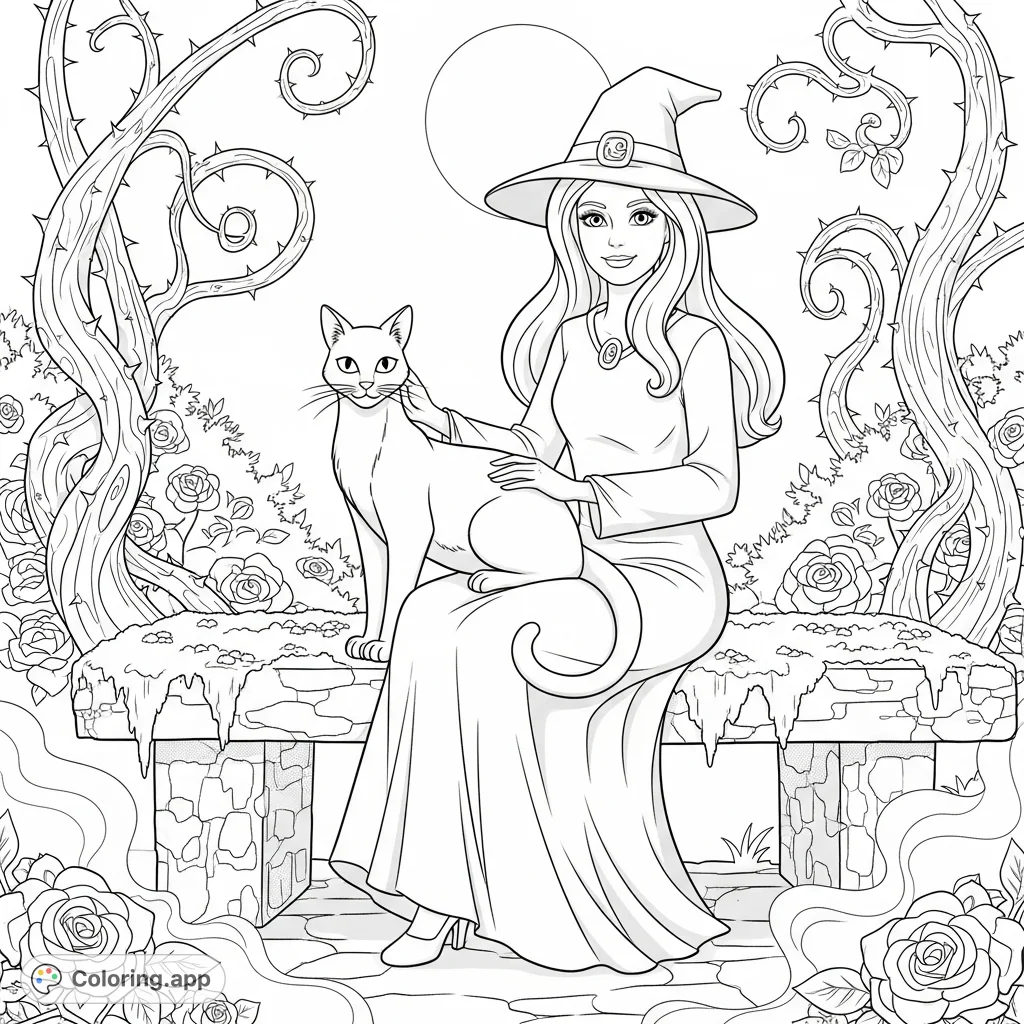 A mystical Barbie witch coloring page featuring Barbie with a sleek cat in a moonlit garden, surrounded by ancient rose bushes and ethereal mist.