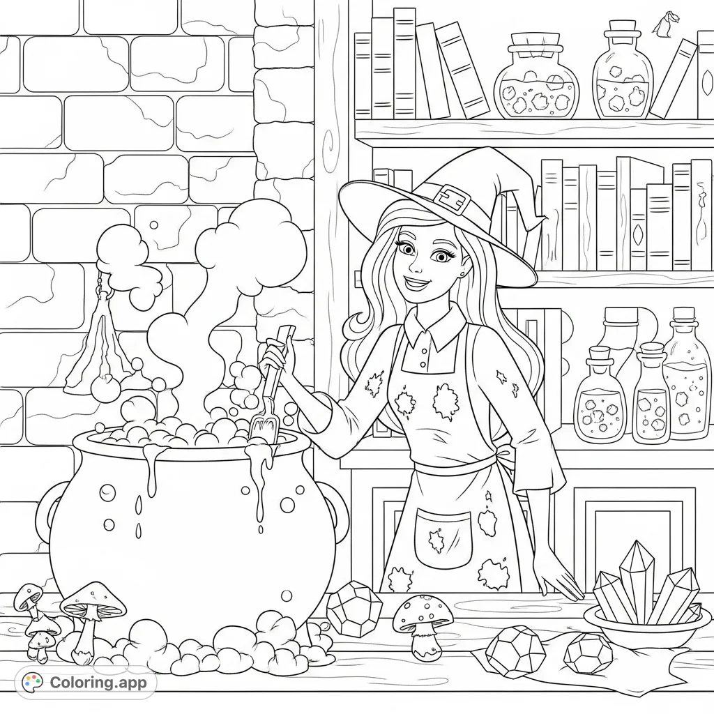 Join Barbie, the charming witch, as she brews a magical potion in her mystical laboratory. A fun and enchanting Barbie witch coloring page for all ages!