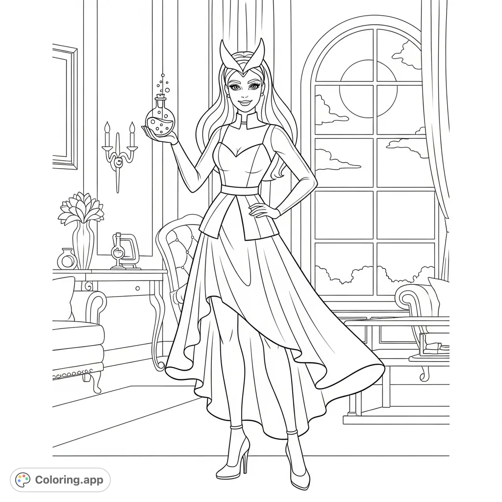 Color Barbie in her sleek modern witch outfit, holding a potion bottle in a gothic room with a full moon. A magical Barbie coloring page for fashion and fantasy fans.