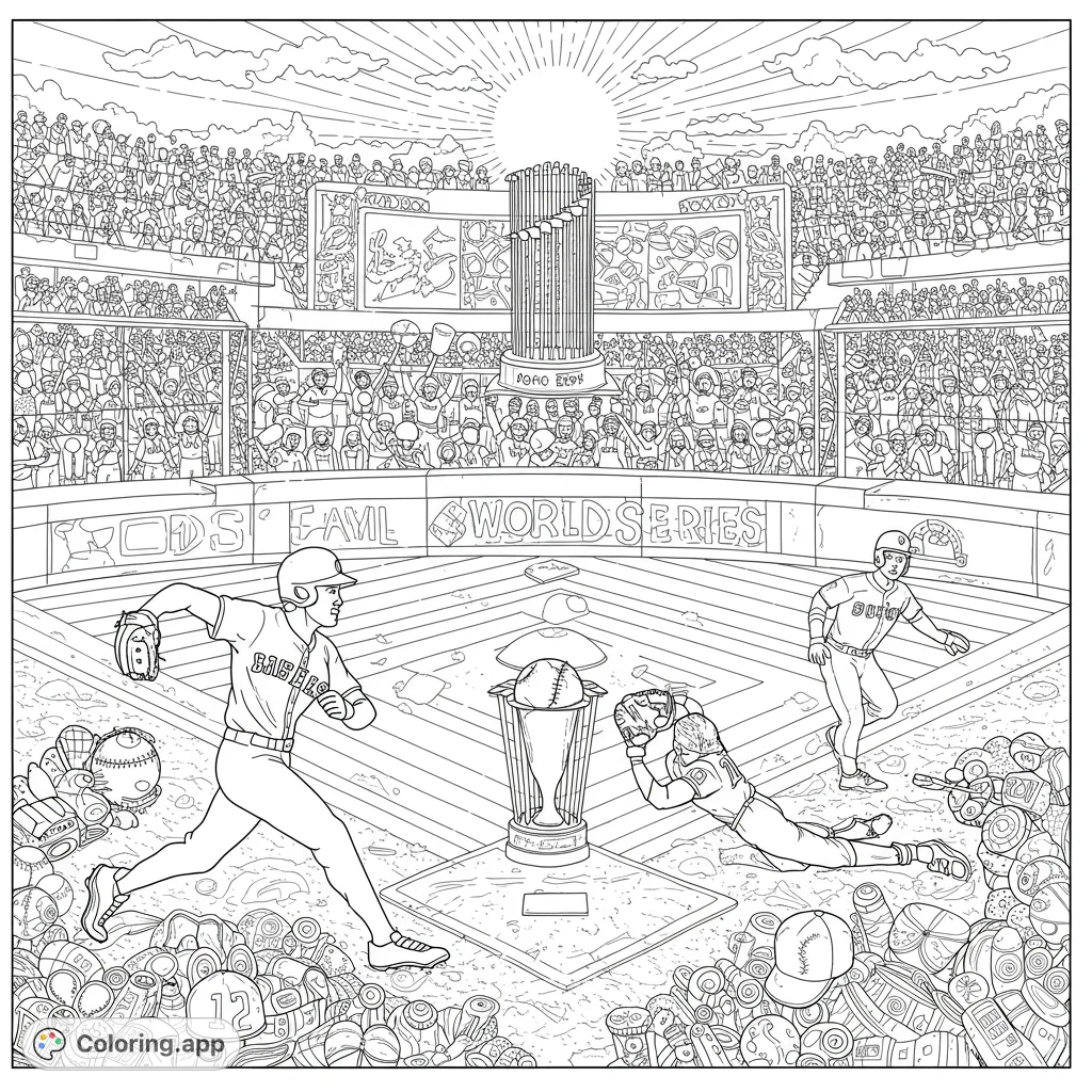 Dynamic baseball stadium scene with players, a trophy, and cheering fans. A detailed free printable baseball coloring page for sports enthusiasts.