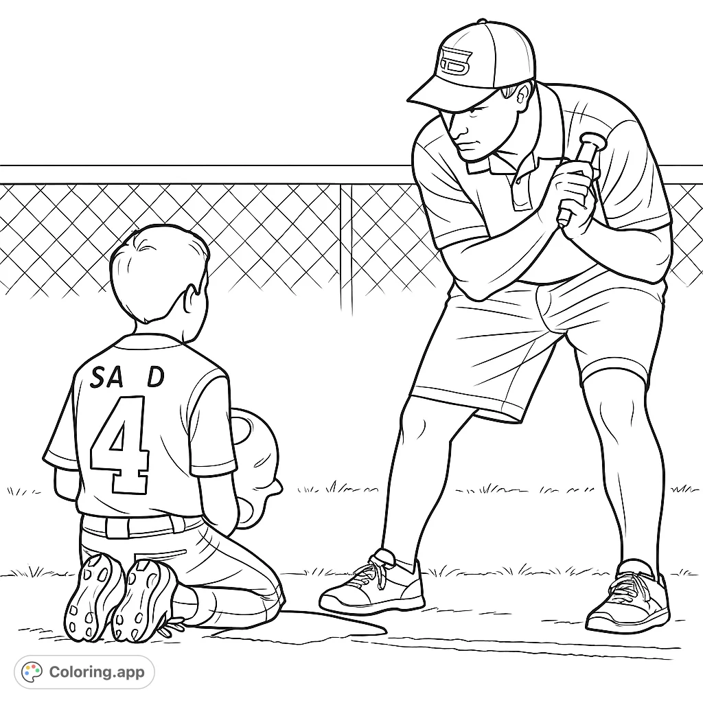 A dynamic baseball coloring page featuring a coach teaching a young player. This free printable coloring page is perfect for sports fans and kids coloring pages, offering a fun activity.