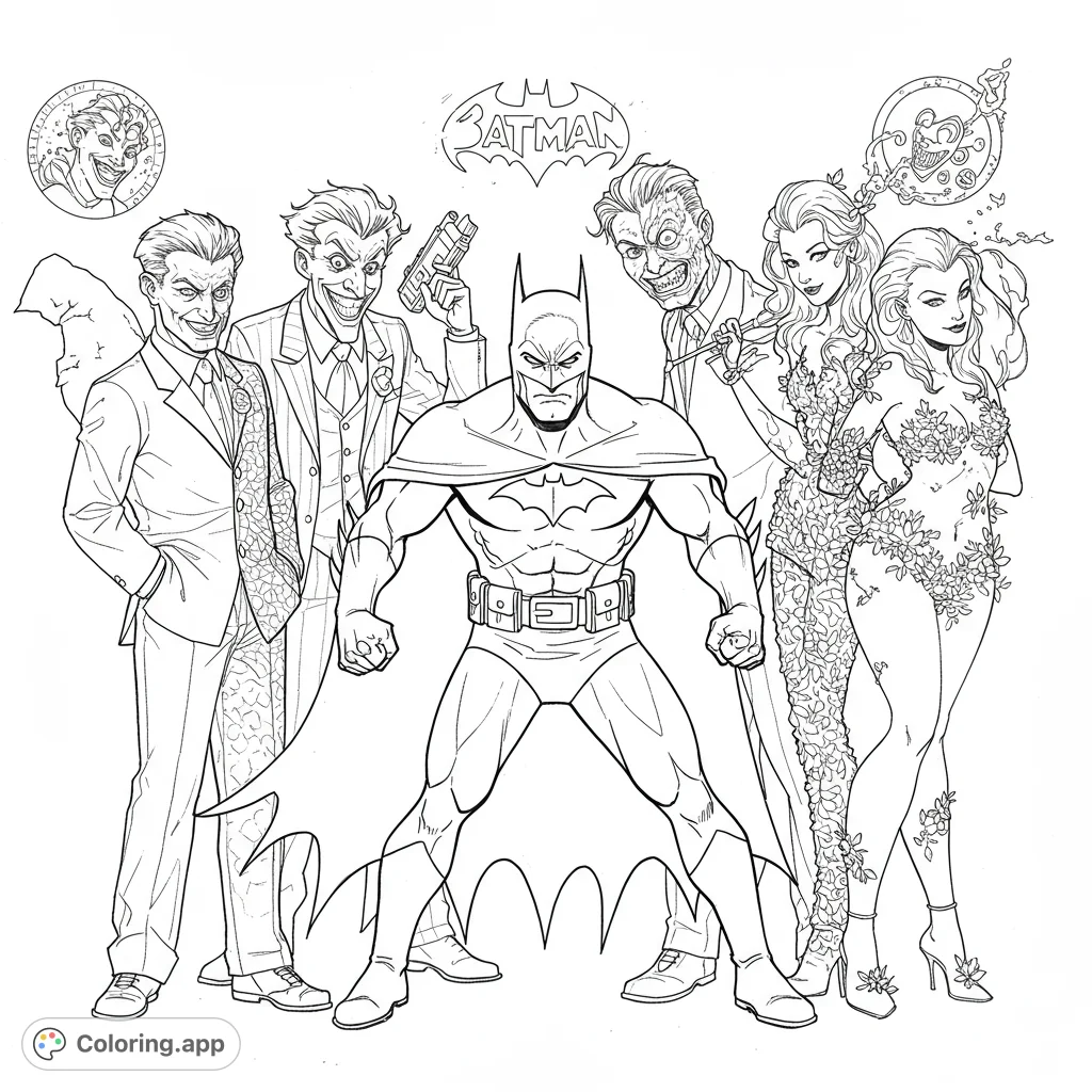 An epic superhero coloring page featuring Batman and his most iconic Gotham villains: Joker, Two-Face, Poison Ivy, and Harley Quinn. Free printable fun!