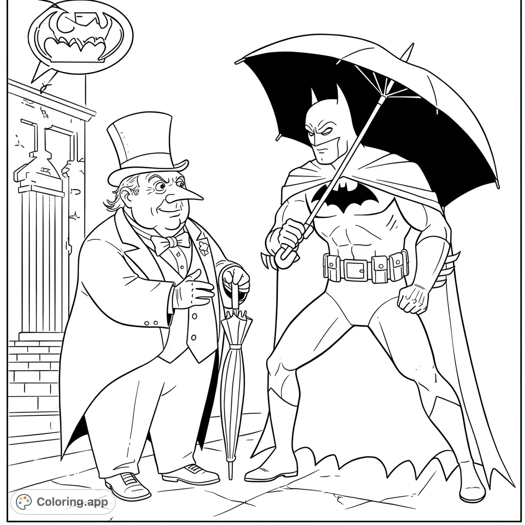 Dynamic Batman and Penguin superhero coloring page. Iconic characters, detailed costumes, and a classic confrontation scene for fans of all ages.