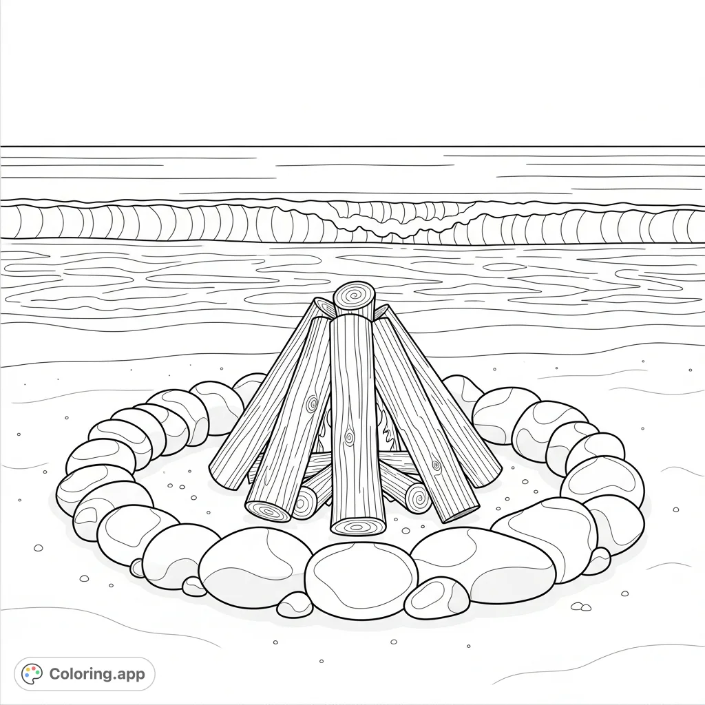 Relax with this beach bonfire scene. Features a neatly arranged log pile within a stone ring, set against gentle, arcing ocean waves on a sandy shore.