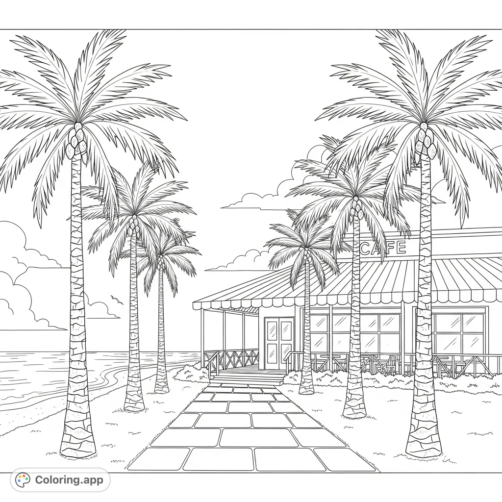A serene coloring page featuring a palm-lined walkway leading to a charming beach café with a striped awning, set against a peaceful sandy beach and ocean.