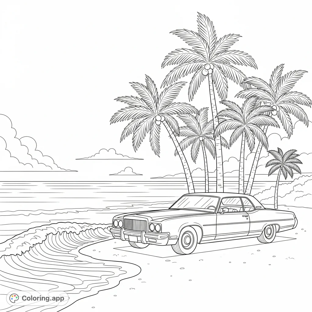 Color a captivating beach scene featuring a classic cruiser car parked on the sand under tall palm trees, with gentle waves rolling onto the shore.