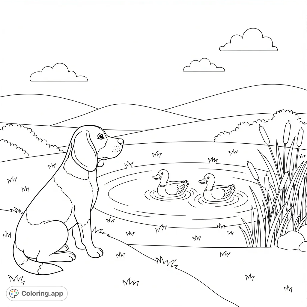 A charming beagle sits on a grassy bank, observing two ducks swimming in a small pond. Reeds line the water's edge, creating a serene outdoor scene.