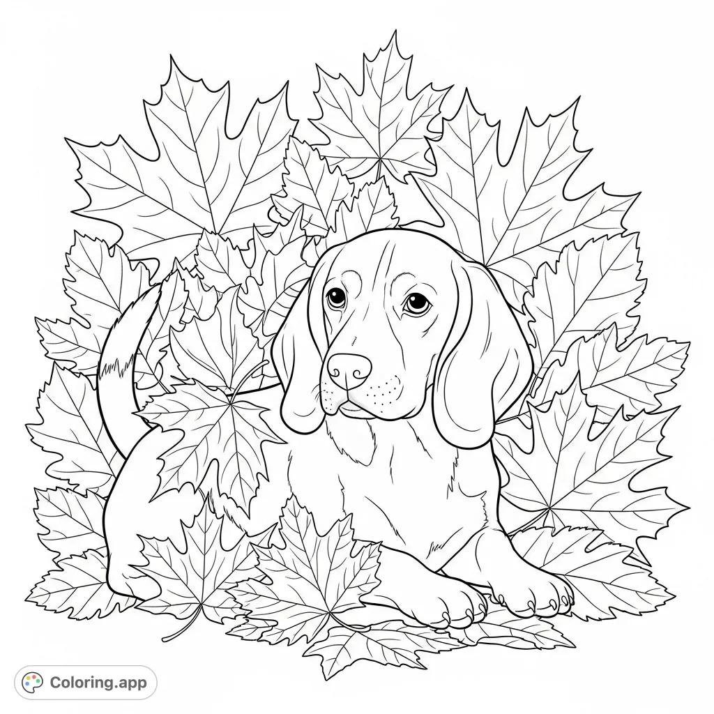 A charming beagle dog sits amidst a generous scattering of large, detailed autumn leaves, perfect for a cozy, seasonal coloring experience.
