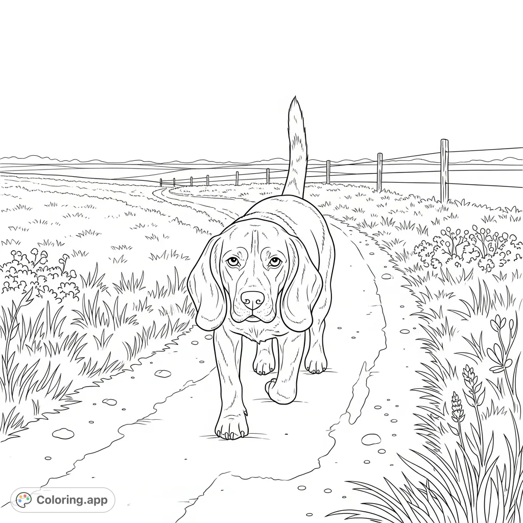 A charming beagle walks along a dusty rural path, its ears low and tail up. Minimal fence lines and sparse vegetation complete this serene, open landscape scene.