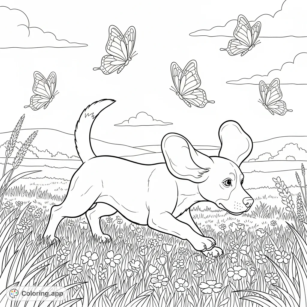 A charming coloring page featuring a beagle diligently tracking a scent trail through a vibrant meadow, with graceful butterflies fluttering above.