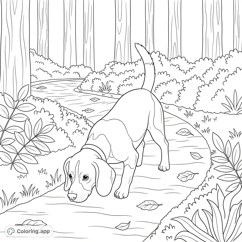 A charming beagle explores a winding forest path, nose to the ground. Simplified bushes and trees create a delightful woodland scene for coloring.