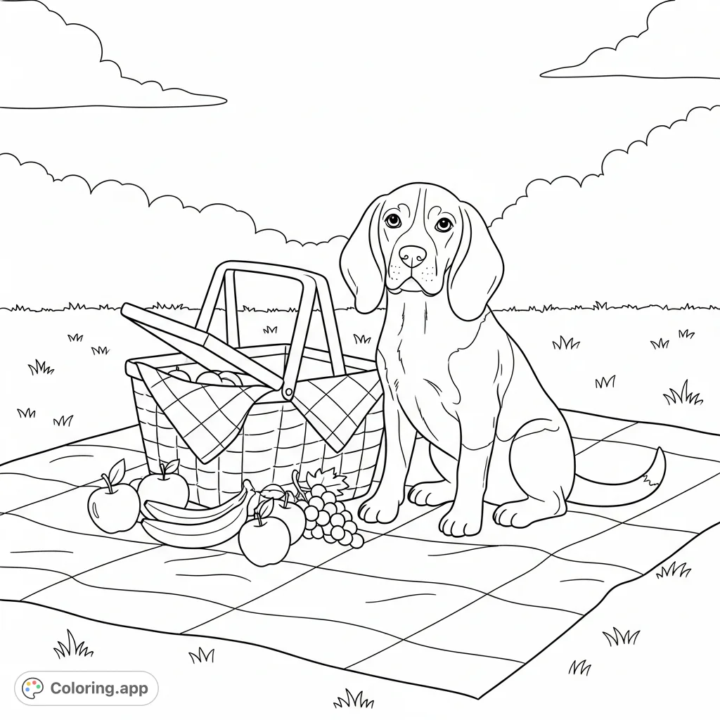 A charming beagle enjoys a relaxing picnic, complete with a woven basket, simplified fruit, and a cozy blanket in a peaceful outdoor setting.