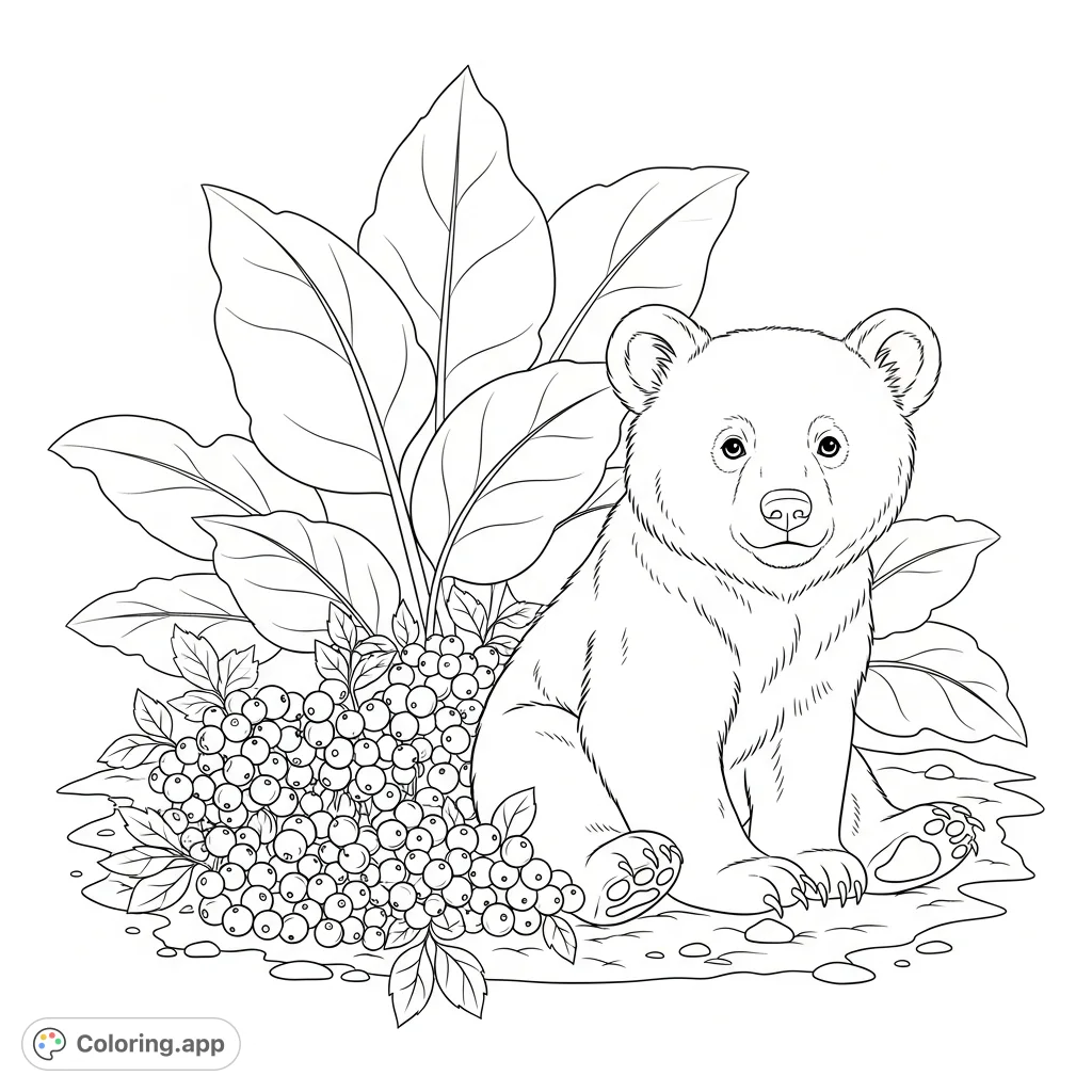 A playful bear cub sits beside a lush patch of ripe berries, surrounded by large, inviting plant shapes. A delightful scene for all ages to color.