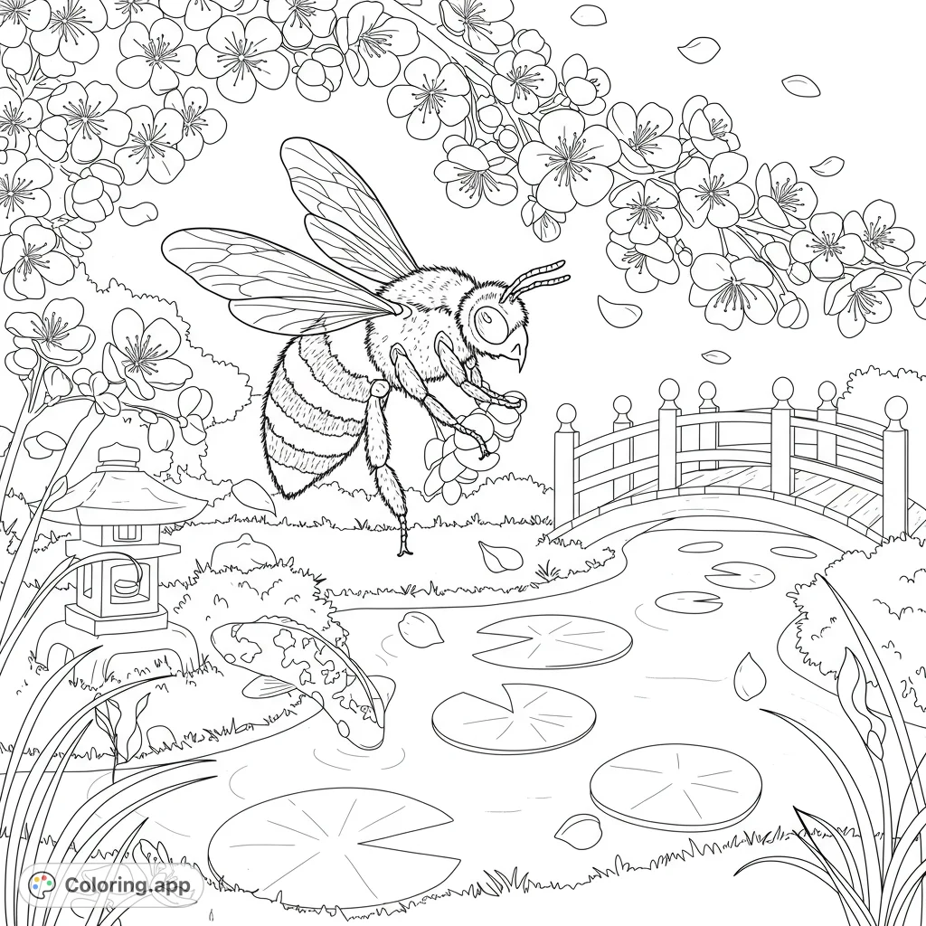 A busy bee collects pollen amidst delicate cherry blossoms, a serene koi pond with lily pads, and a charming Japanese garden bridge.