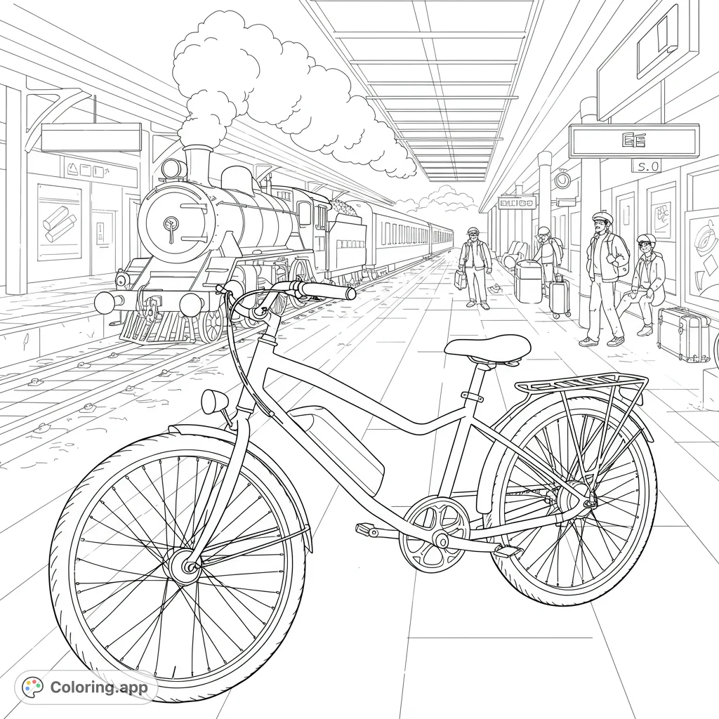 Explore a vibrant train station scene featuring a classic steam train, a modern bicycle, and travelers. A free printable train station coloring page for all ages.