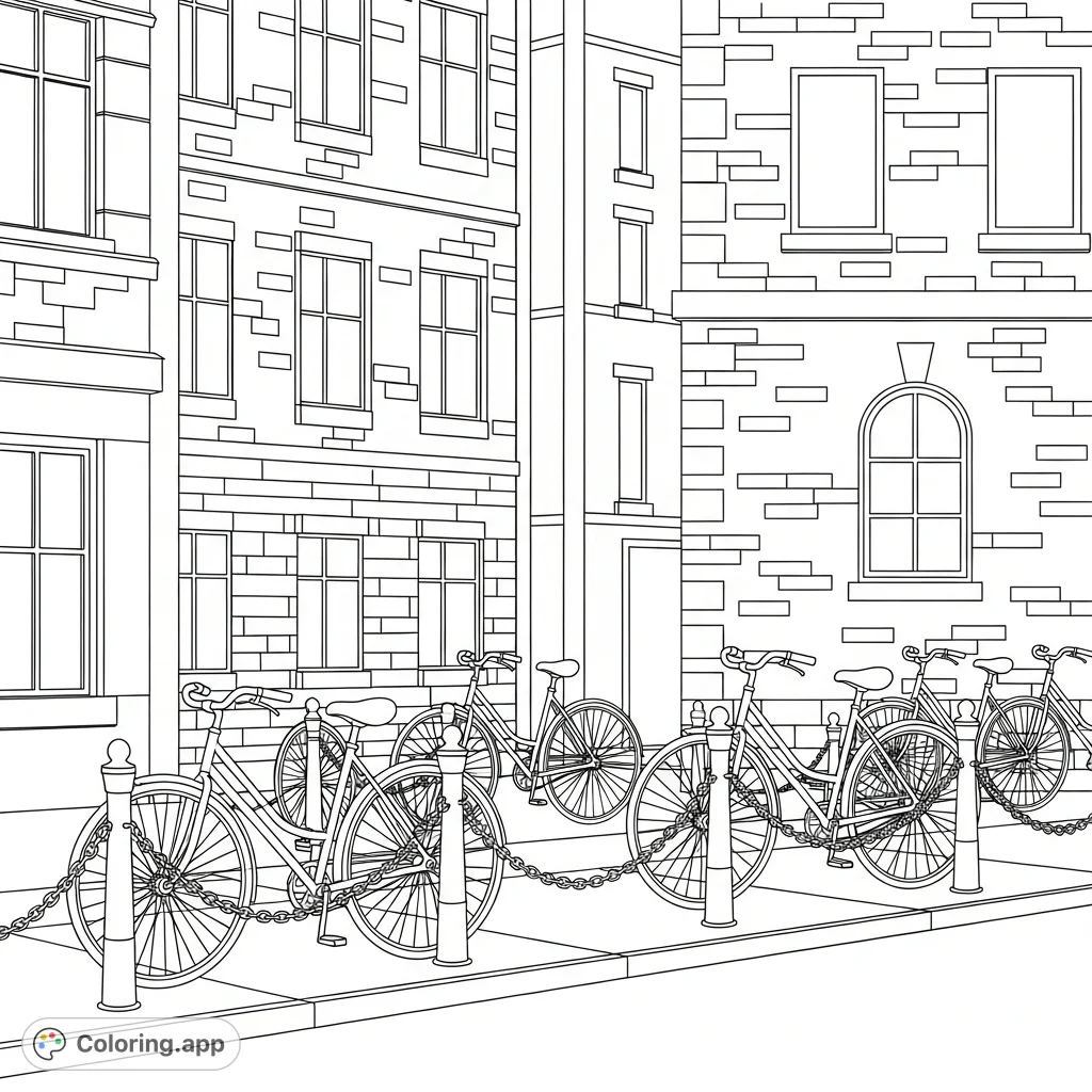 A charming urban scene depicting several bicycles chained to railings along a quiet side street, set against simplified brick buildings. A perfect blend of city life and tranquility.