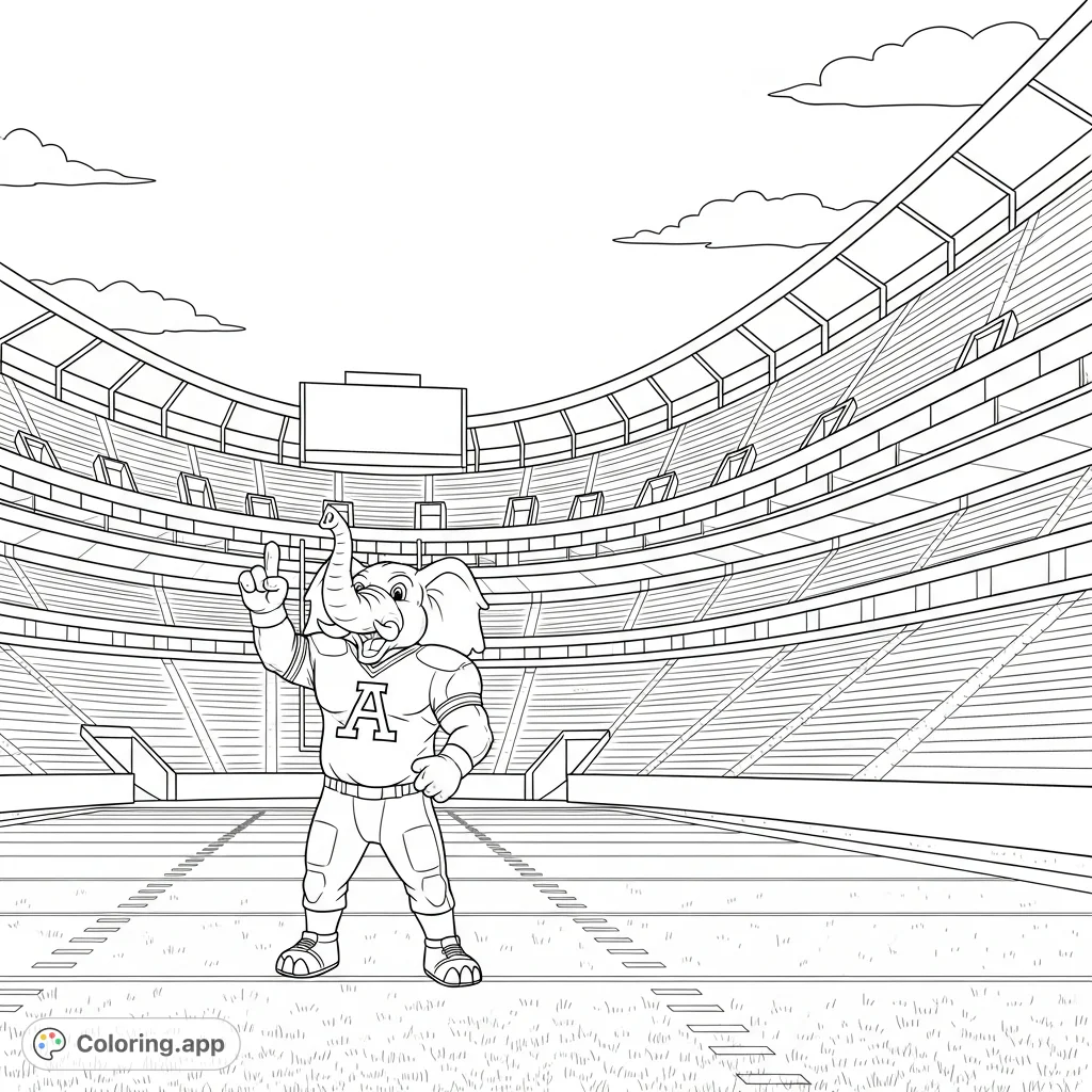 Join Big Al, the triumphant elephant mascot, at midfield in a grand football stadium. A dynamic scene of celebration, ready for your team colors!
