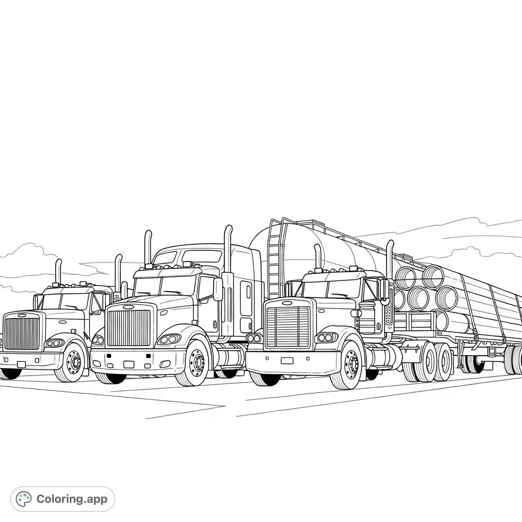 A bold composition featuring a dynamic lineup of four distinct big rigs: cabover, long-nose, tanker, and flatbed, ready for the open road.