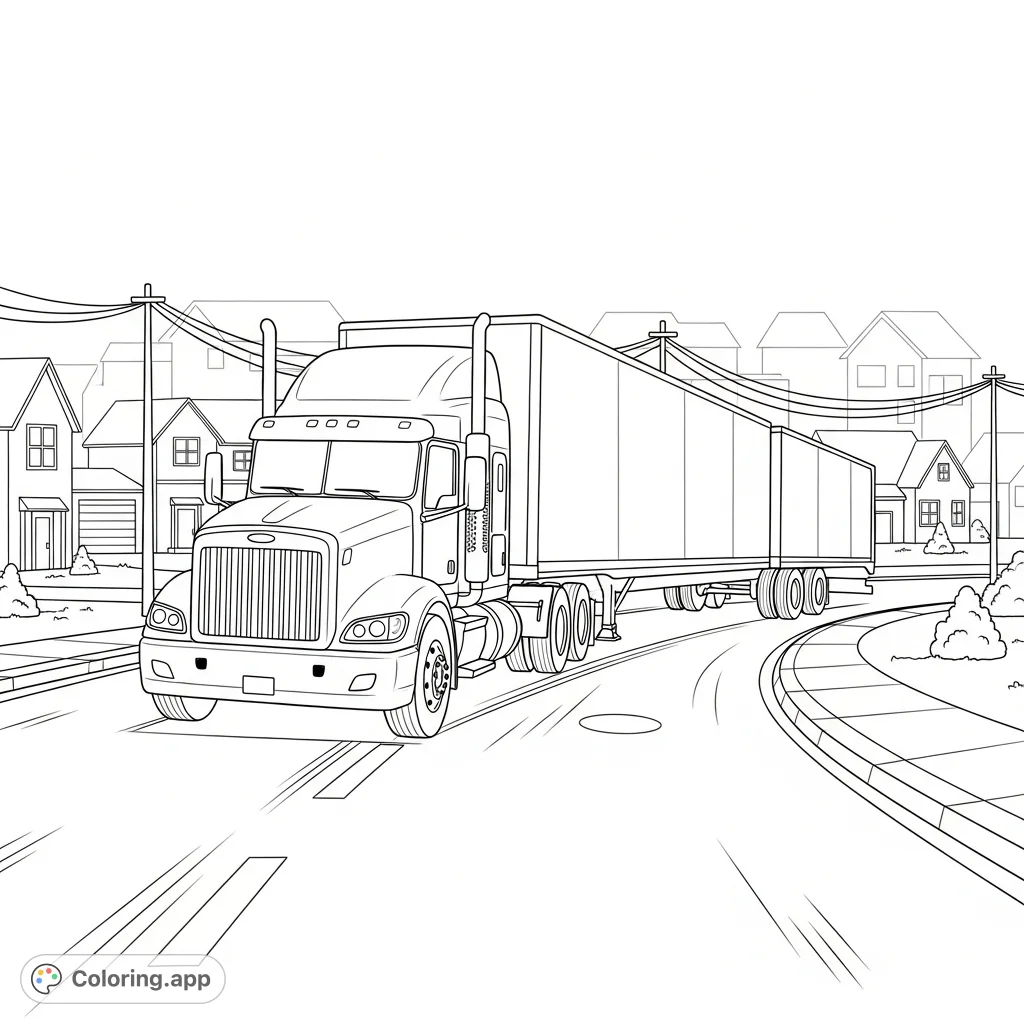 A dynamic big rig semi-truck makes a wide turn on a quiet suburban street, with minimalist houses and street details. Perfect for truck enthusiasts!
