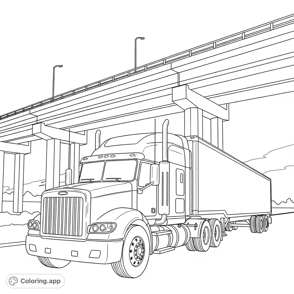 A detailed big rig travels beneath a simplified highway overpass, showcasing large wheels, a prominent grill, and sturdy concrete structures.