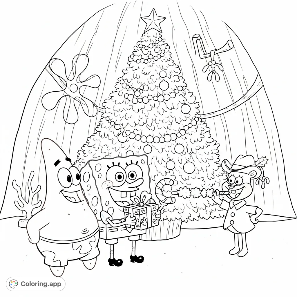Dive into a festive Bikini Bottom holiday with Spongebob, Patrick, and Sandy in her treedome, gathered around a grand coral Christmas tree! A fun, free printable coloring page.