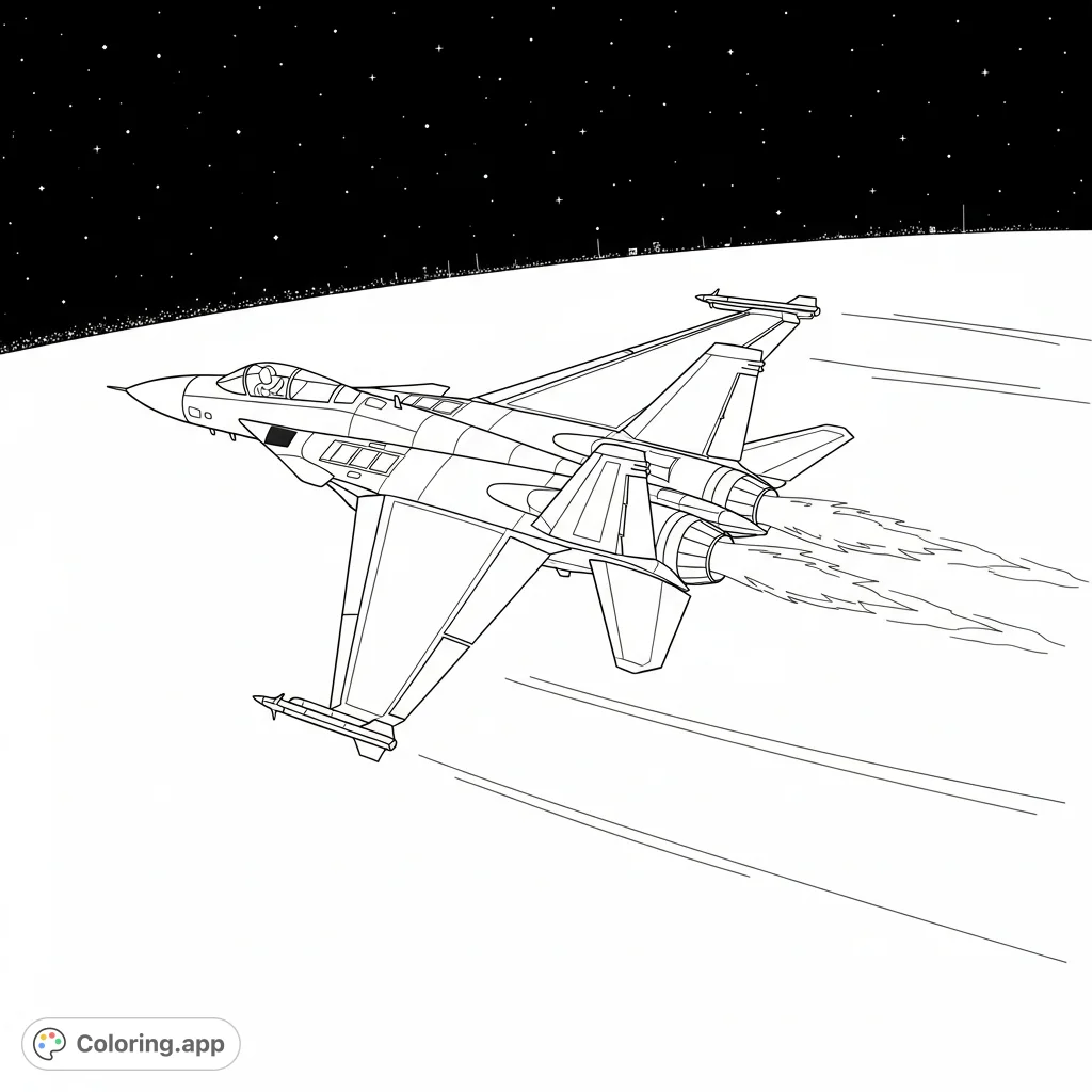 A formidable fighter jet coloring page blazing across a star-dusted night sky with intense afterburners and distant city lights. A thrilling aviation scene!
