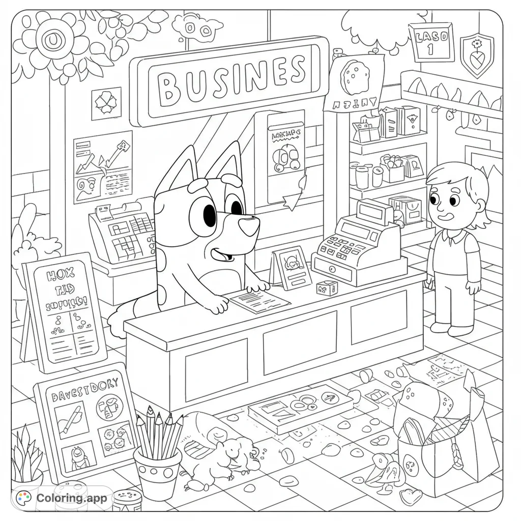 Join Bluey in a fun shop adventure! This free printable Bluey coloring page features Bluey and a customer in a busy store, perfect for kids.
