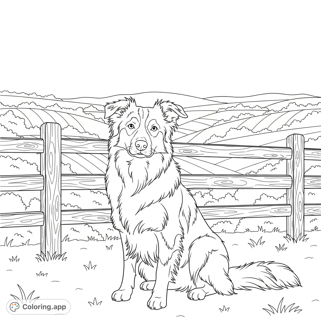 A loyal Border Collie sits attentively by a rustic wooden fence, with gentle rolling hills stretching into the serene background. Perfect for dog lovers!