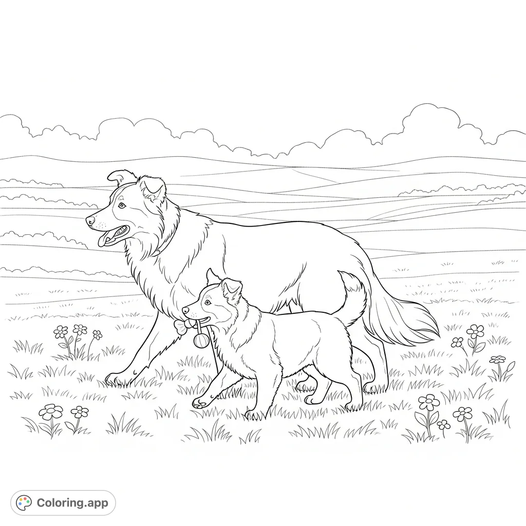 Color a heartwarming scene: a Border Collie and its playful puppy explore a wildflower meadow under a vast sky, with rolling hills beyond.