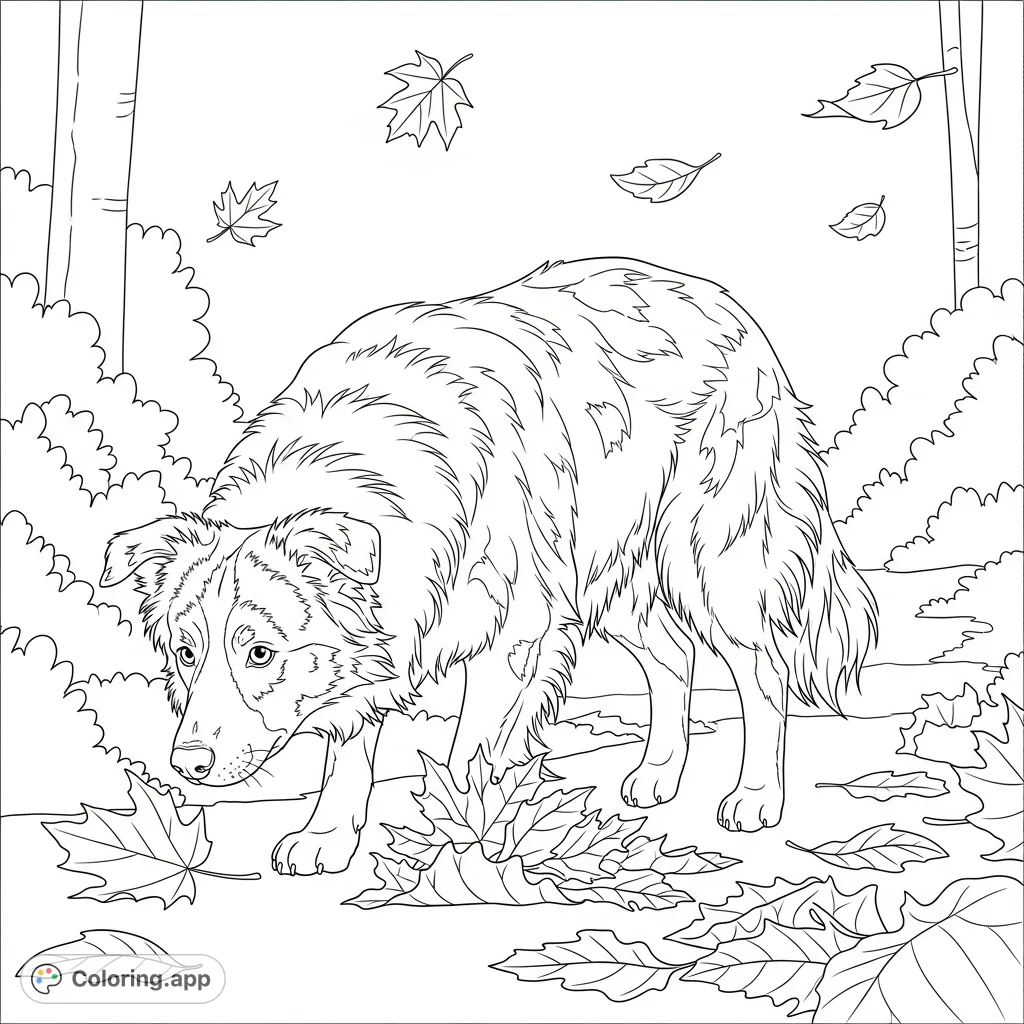 A charming Border Collie walks through a whimsical scene of large, simple autumn leaves, perfect for a relaxing coloring experience for all ages.