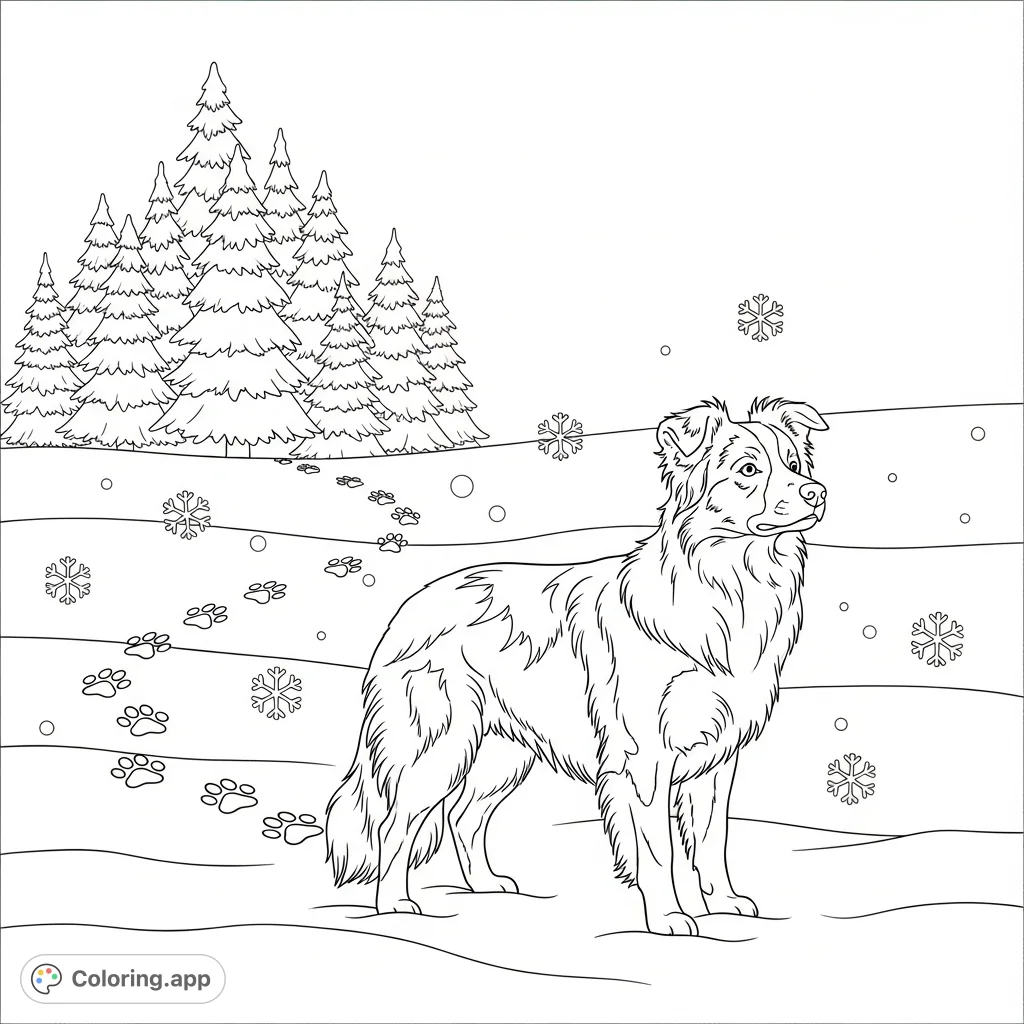 A beautiful Border Collie stands amidst a gentle snowfall, with delicate paw prints trailing behind. Simplified pine trees complete this serene winter scene.