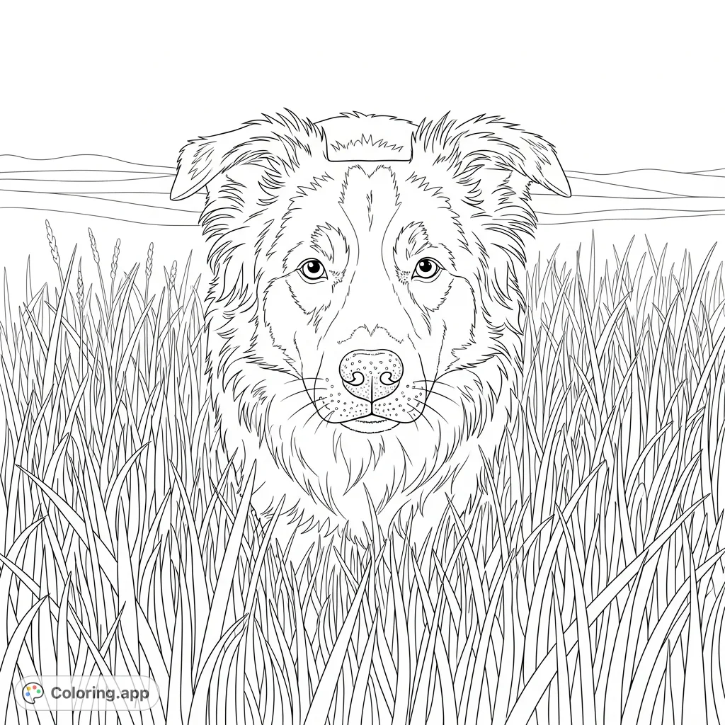 A charming coloring page featuring a Border Collie's head and shoulders emerging from a dense field of tall grass, perfect for animal lovers.
