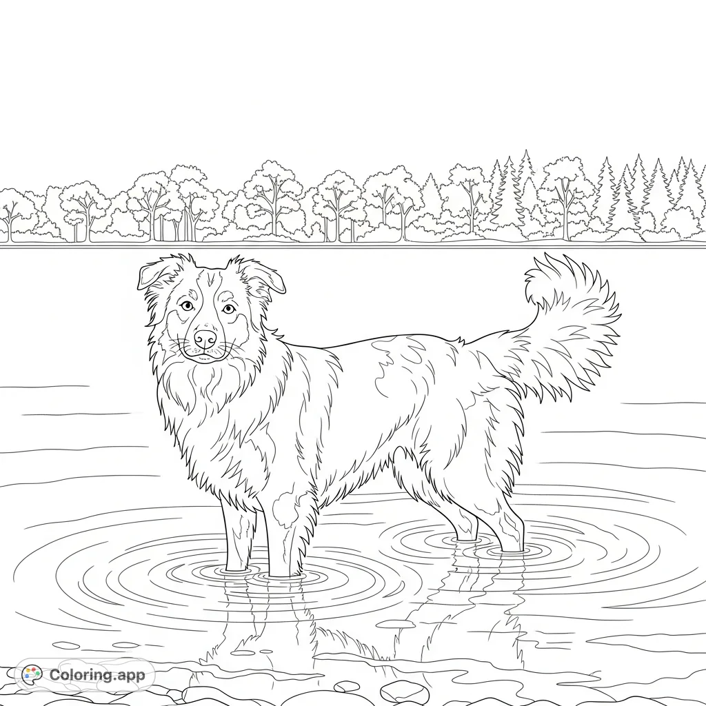 A beautiful Border Collie stands gracefully in shallow lake water, tail raised, amidst gentle ripples and a serene natural backdrop, perfect for pet lovers.