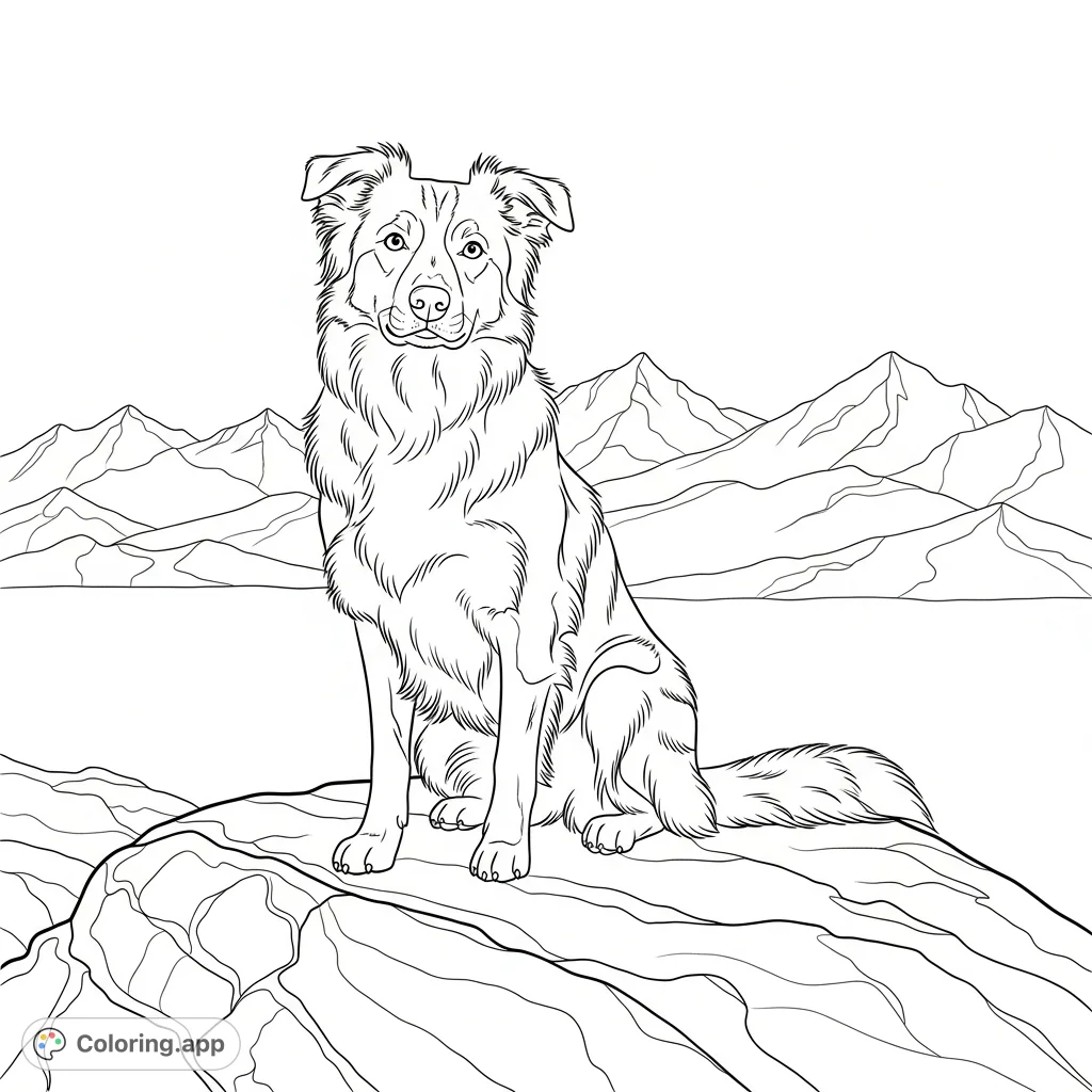 An attentive Border Collie sits on a textured rock, with softly outlined mountains in the distance against a wide sky. Ideal for nature and dog lovers.