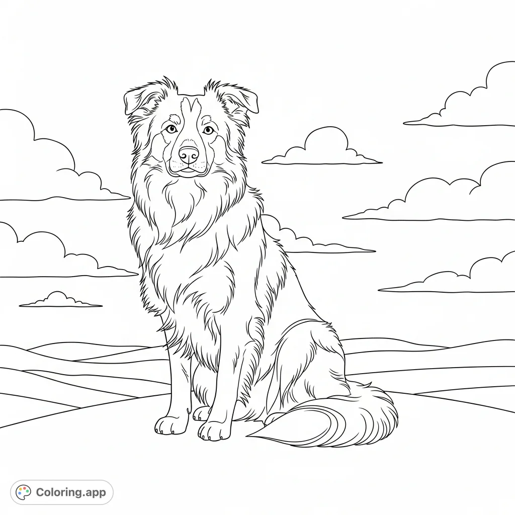 A serene Border Collie sits proudly on a rolling hilltop, with fluffy clouds drifting across the expansive sky. A calming scene for dog lovers.