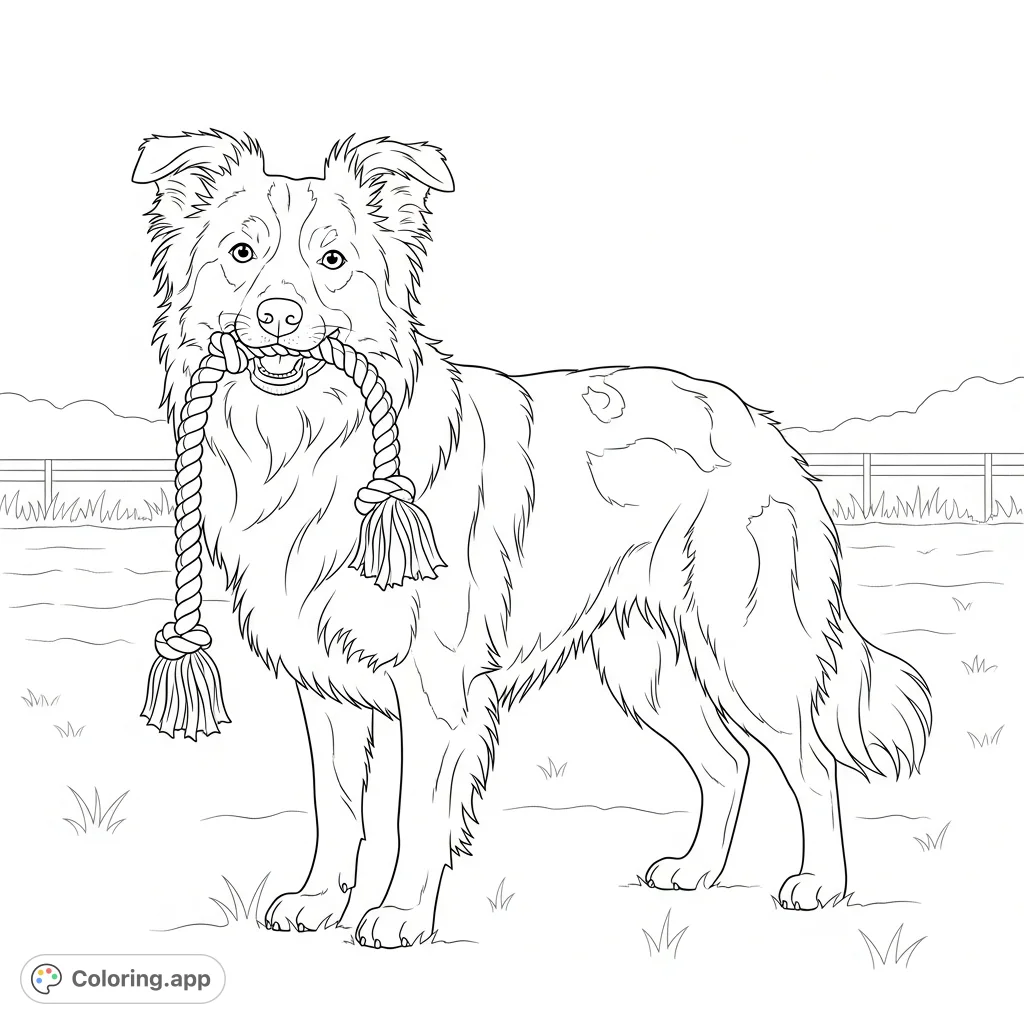 A charming Border Collie holds a braided rope toy, poised in a spacious yard. Ideal for all ages, offering a delightful and engaging coloring experience.
