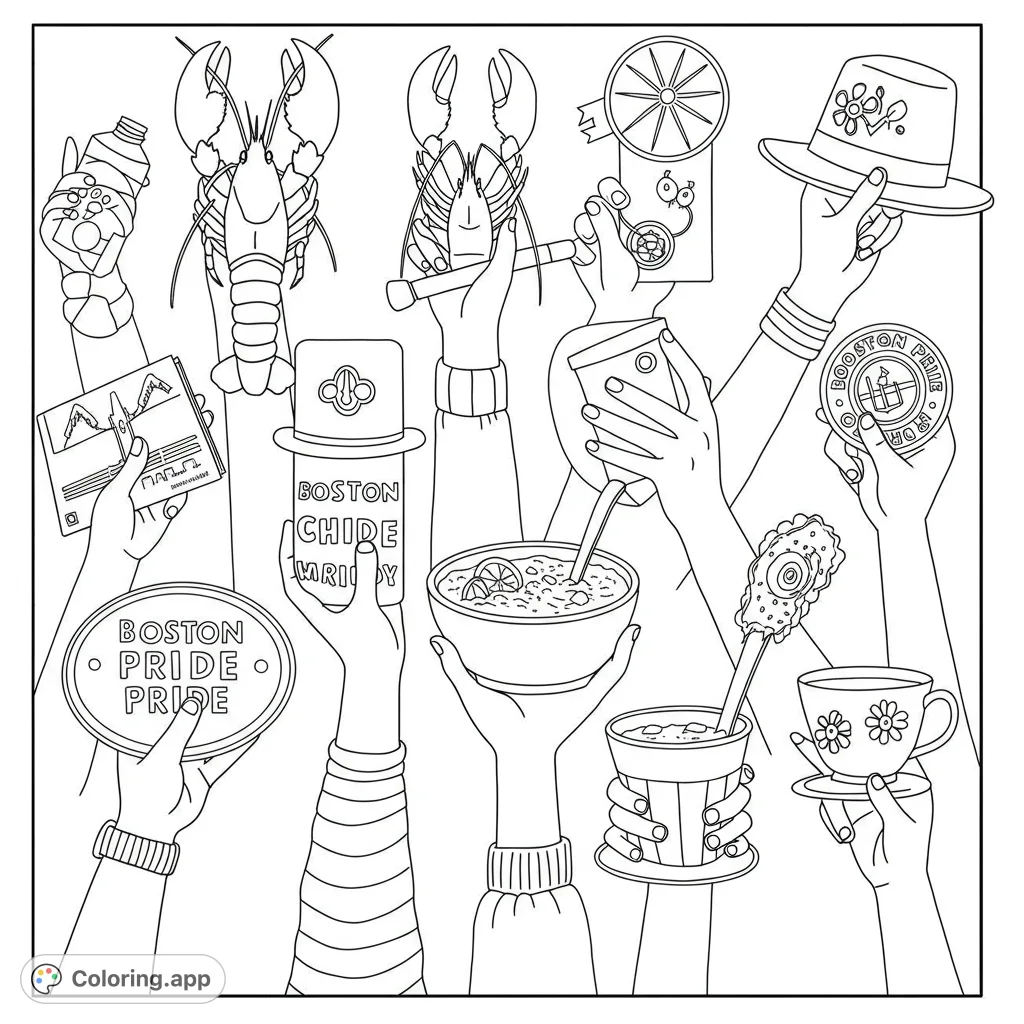 Celebrate Boston with this free printable coloring page featuring hands holding iconic items like lobsters, chowder, and historic symbols. Perfect for all ages!