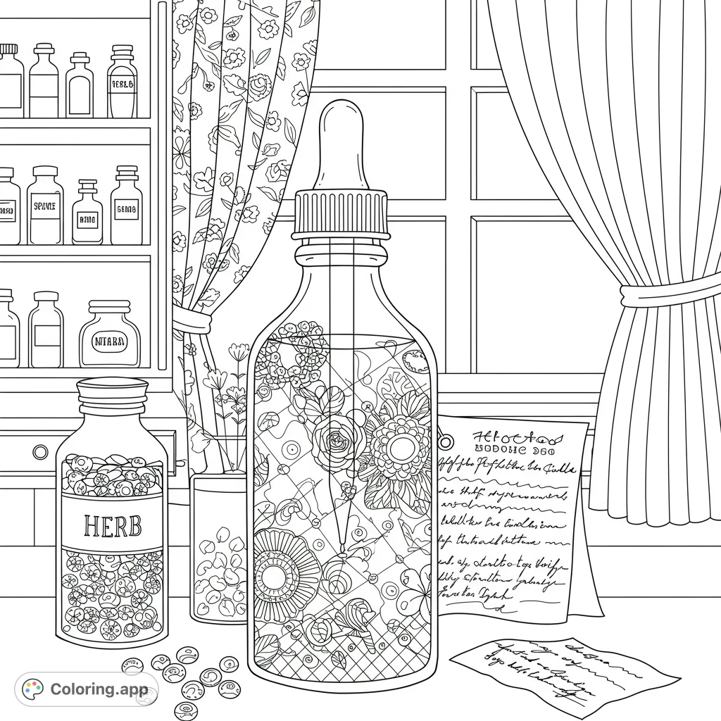 Explore a detailed botanical elixir apothecary scene with intricate floral patterns in a dropper bottle, herbal jars, and handwritten notes by a window.