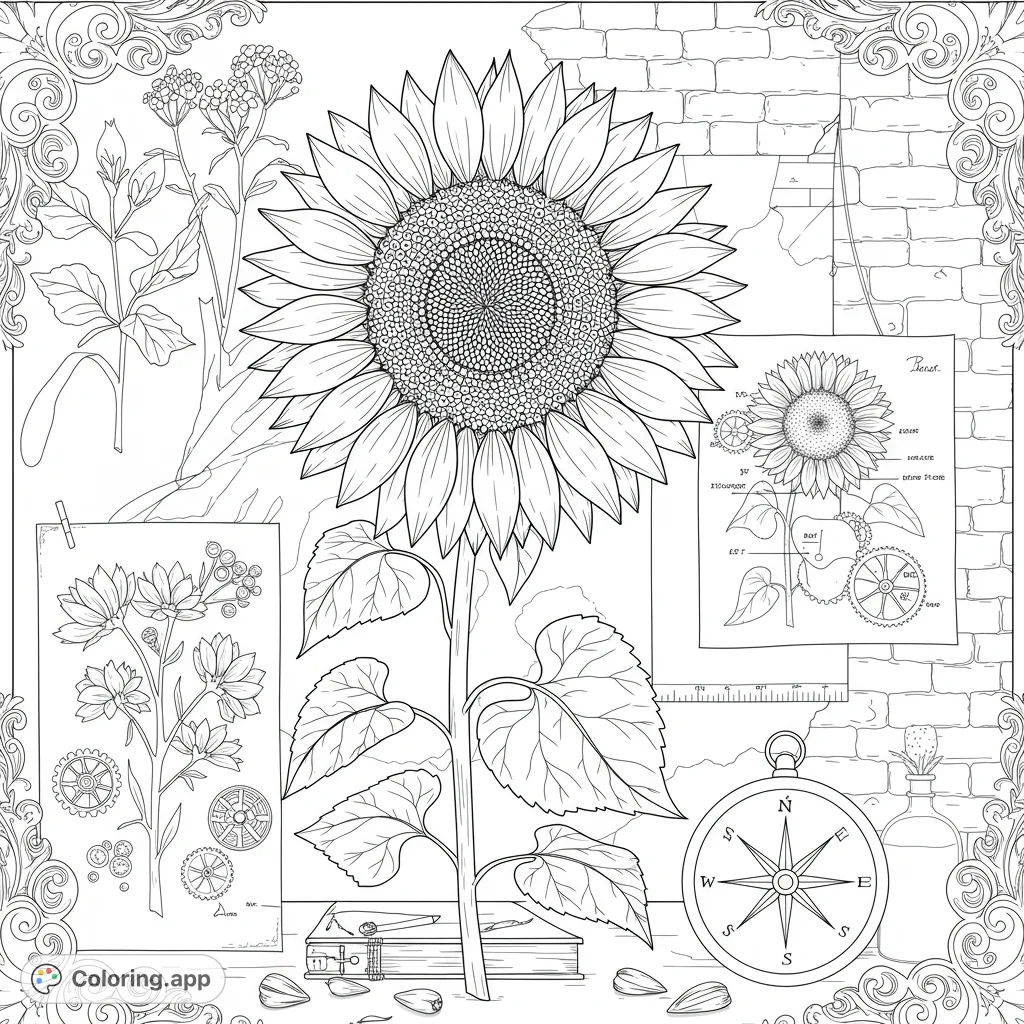 Detailed sunflower botanical study with scientific diagrams, compass, and ornate borders. A free printable coloring page for nature and science lovers.