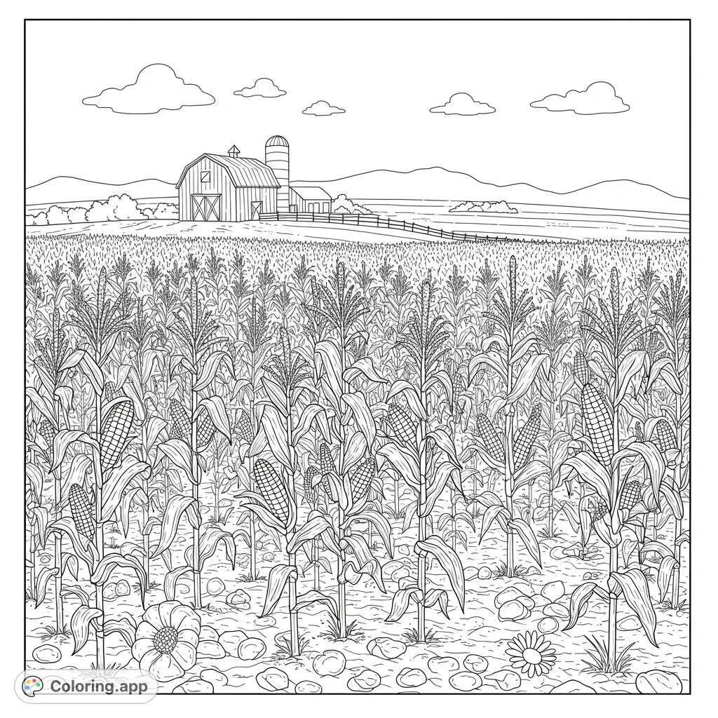 Explore a detailed farm cornfield coloring page featuring tall corn stalks, a classic barn, silo, and rolling hills. A free printable coloring page for all ages.